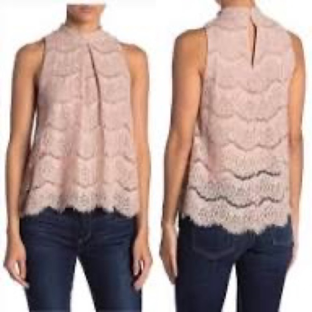 Love Fire Sleeveless Lacey VRagged Hem Keyhole Back Boho in Salmon Pink Mockneck